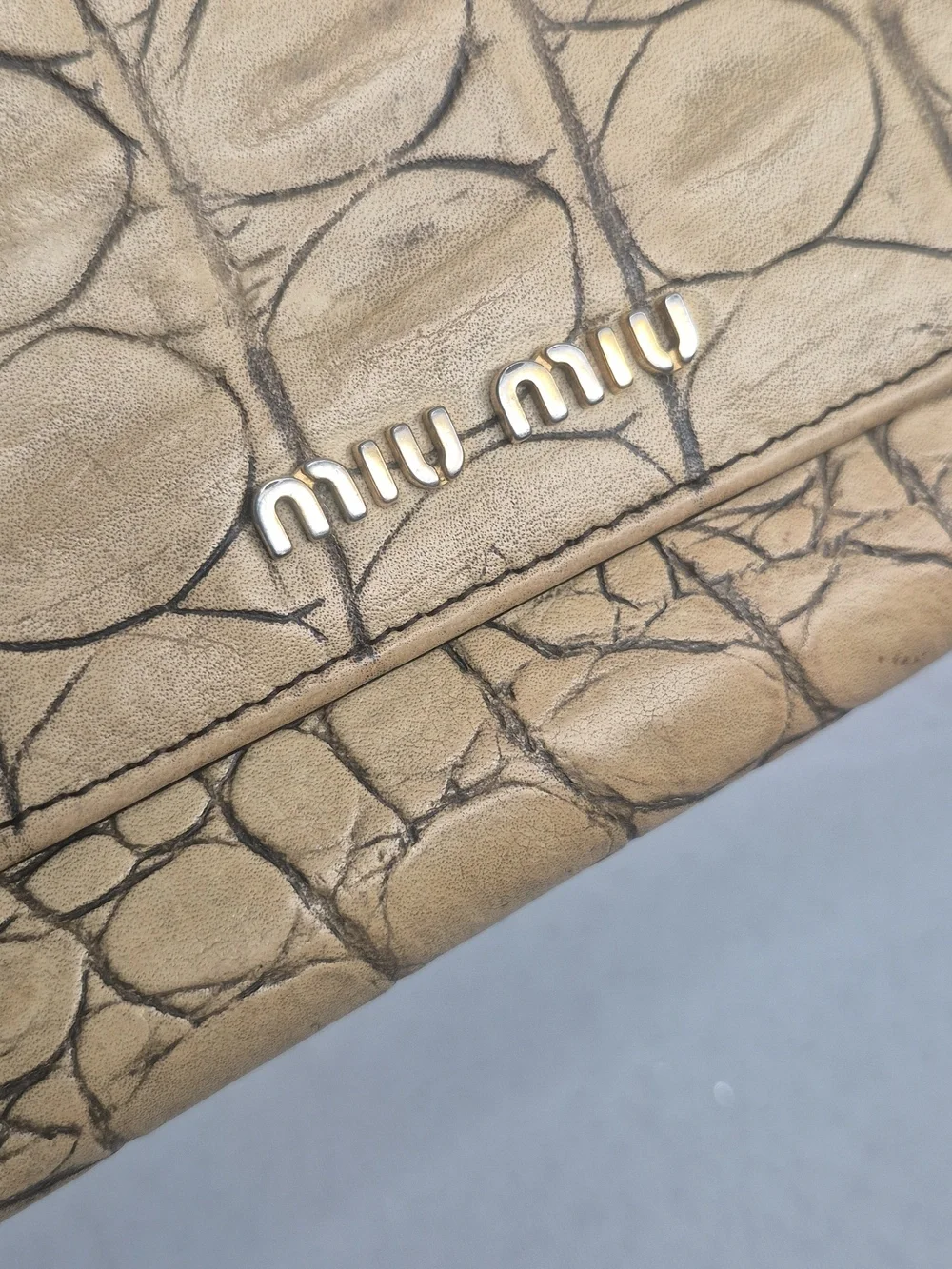 Miu Miu Tan Croc-Embossed Leather Wallet